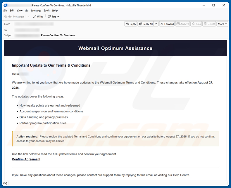 Campagna di spam via email Webmail Optimum Terms and Conditions Update truffa via email