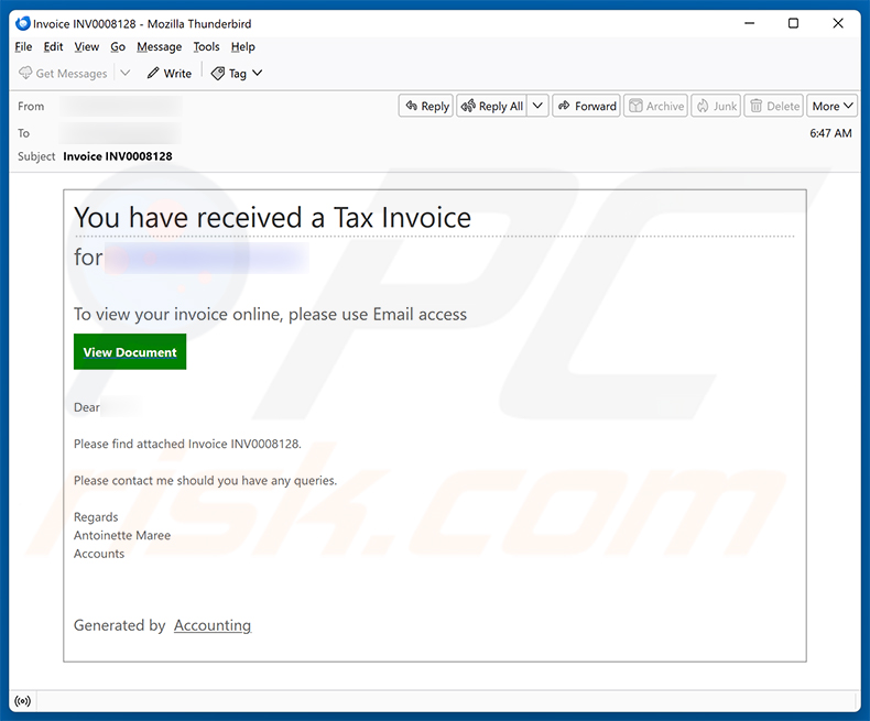 Campagna di spam email della truffa You Have Received A Tax Invoice