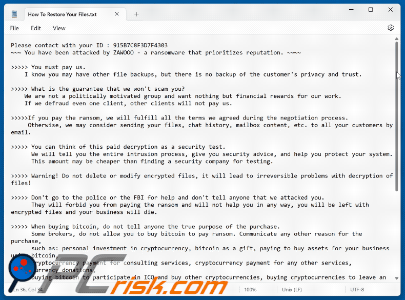 Richiesta di riscatto del ransomware ZAWOOO (How To Restore Your Files.txt)