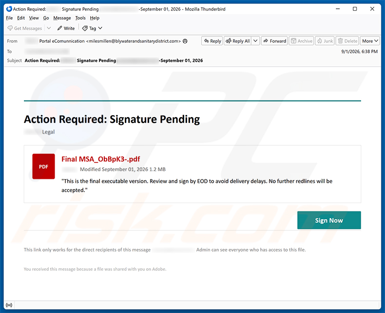 Campagna di spam via email Action Required: Signature Pending
