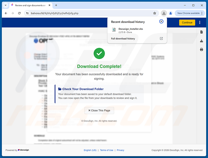 Sito web dannoso promosso attraverso la campagna di spam Action Required: Signature Pending
