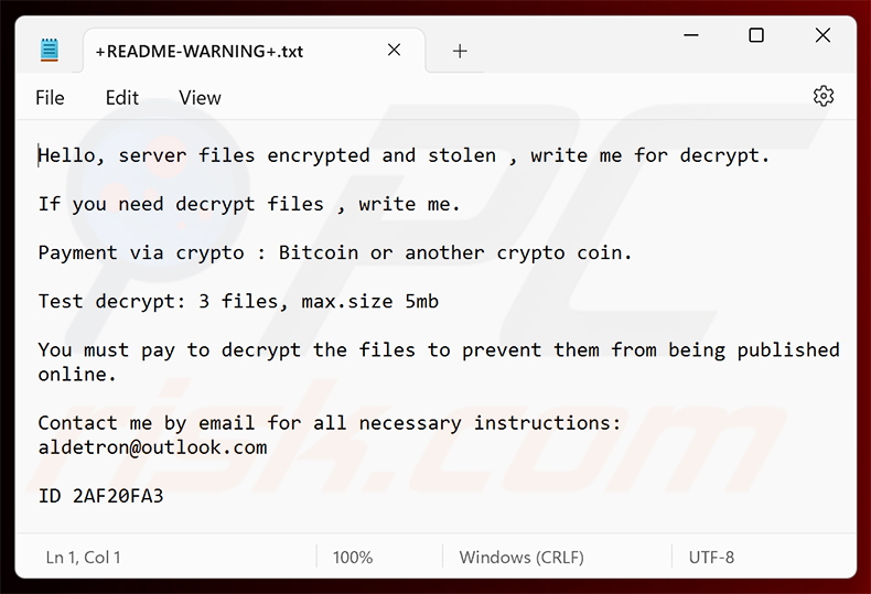 Richiesta di riscatto del ransomware Aldet (+README-WARNING+.txt)