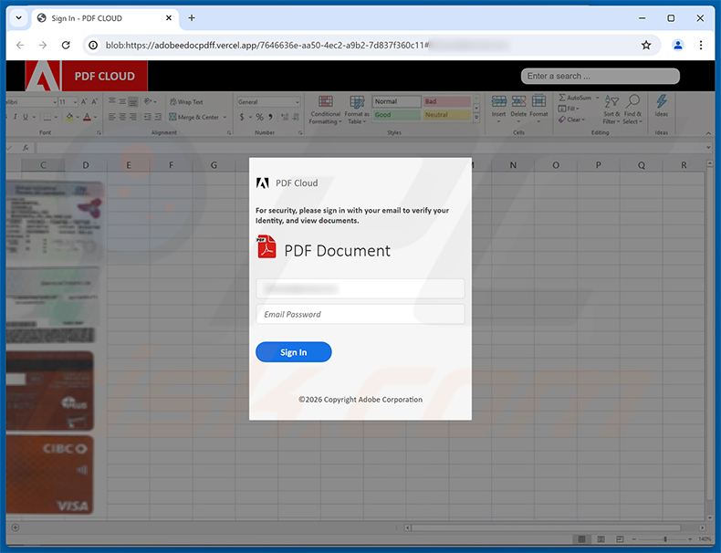 Pagina di phishing della truffa Card Authorization Form