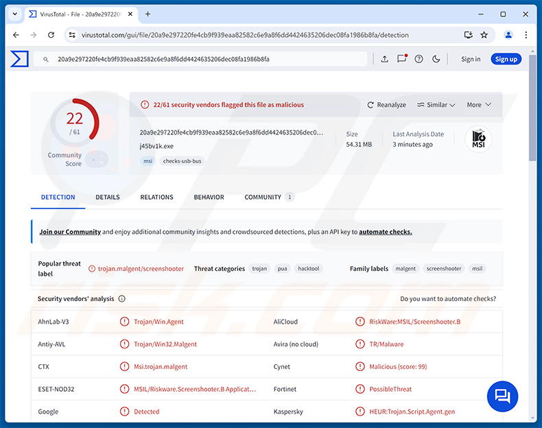Rilevamenti del malware ChainScript RAT su VirusTotal