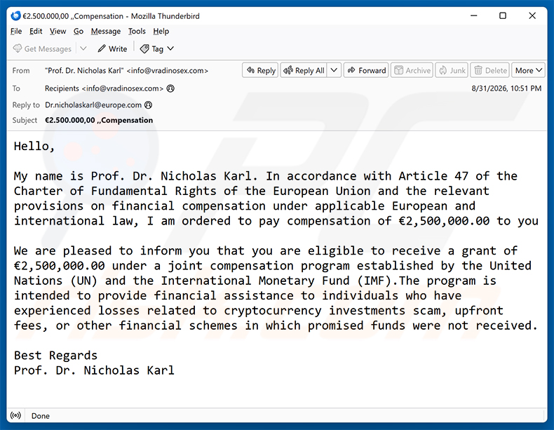 Campagna di spam email Compensation Program truffa via email