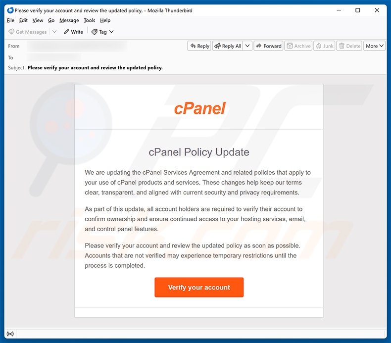 Campagna di spam via email della truffa cPanel Policy Update