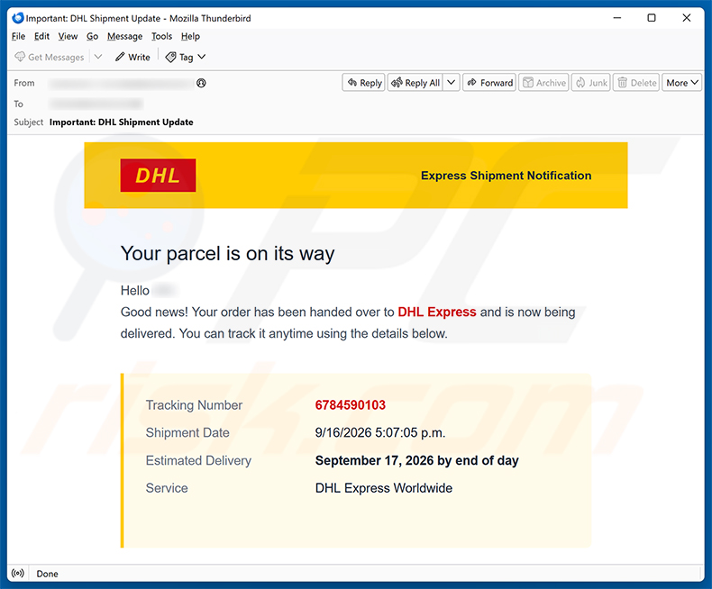 Campagna di spam via email DHL Express Parcel Is On Its Way truffa via email
