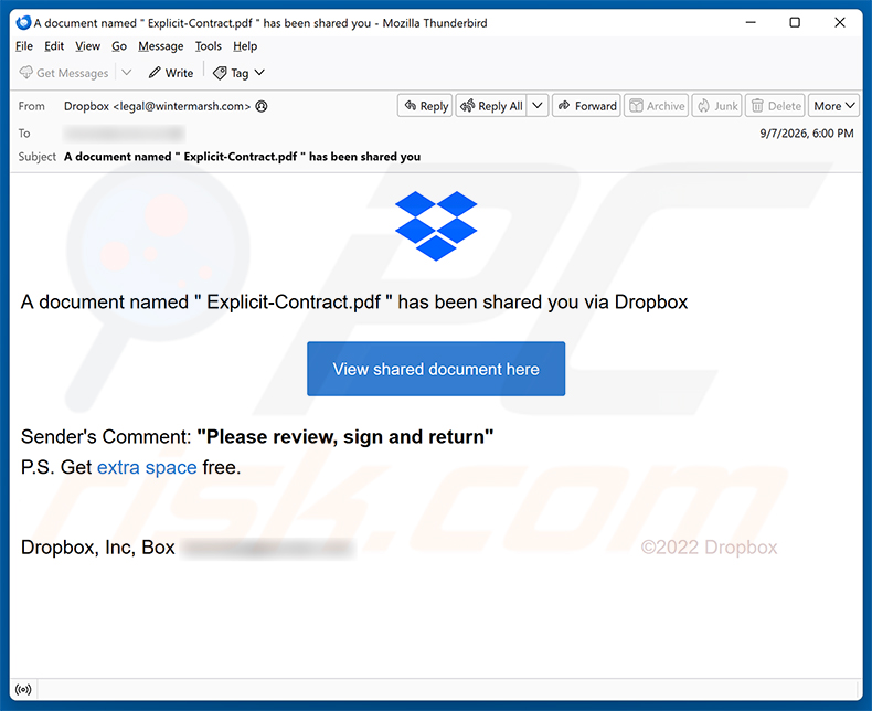 Campagna di spam via email Document Has Been Shared You Via Dropbox truffa via email