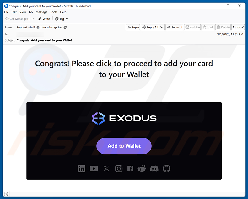 Campagna di spam email Exodus - Add Your Card To Your Wallet truffa via email