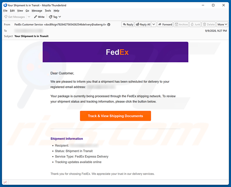 Campagna di spam via email della truffa FedEx Shipment Scheduled For Delivery
