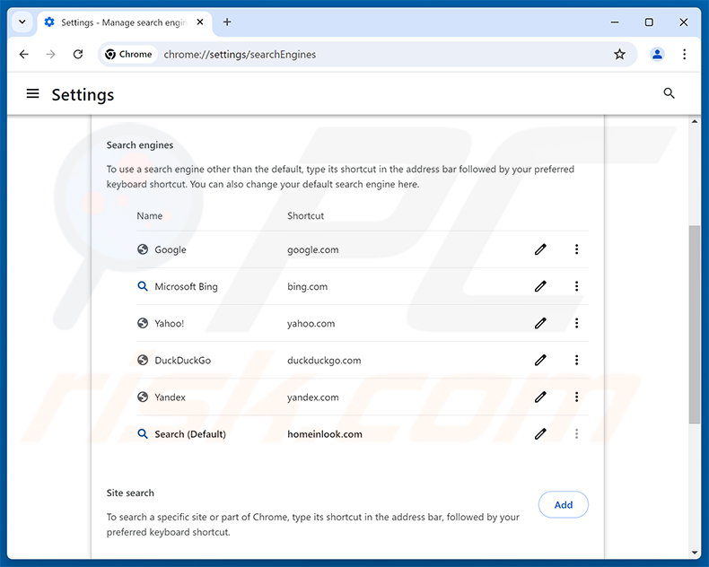 Rimozione di homeinlook.com dal motore di ricerca predefinito di Google Chrome