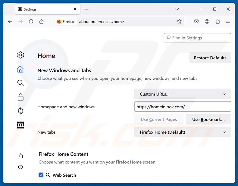 Rimozione di homeinlook.com dalla homepage di Mozilla Firefox
