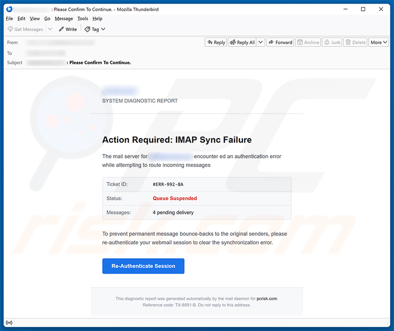 Truffa via email IMAP Sync Failure