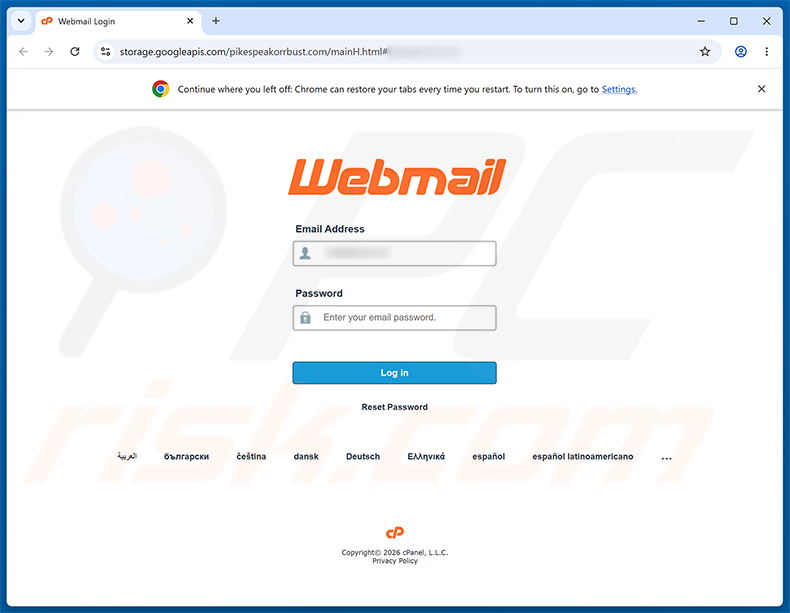 Pagina di phishing della truffa via email IMAP Sync Failure