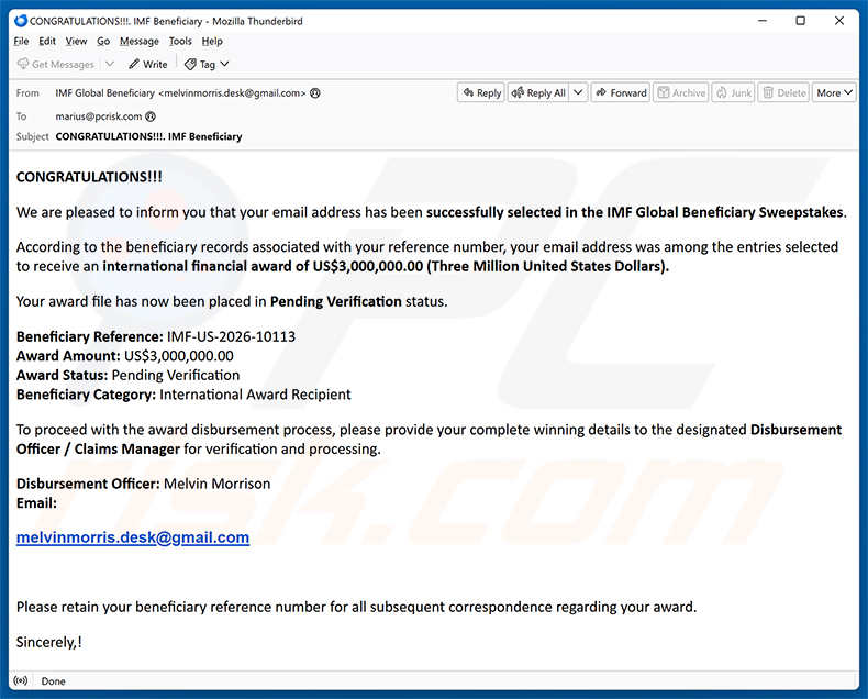 Campagna di spam via email IMF Global Beneficiary Sweepstakes