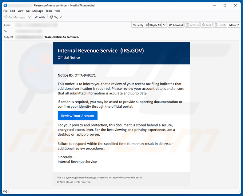 Virus email IRS Account Detail Verification