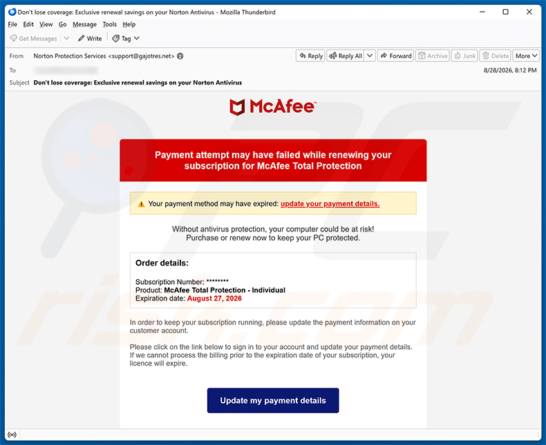 Campagna di spam email McAfee - Payment Method Expired truffa via email