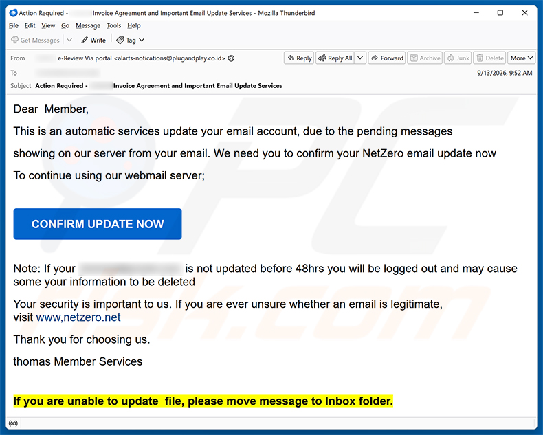 Campagna di email spam NetZero Email Update Scam