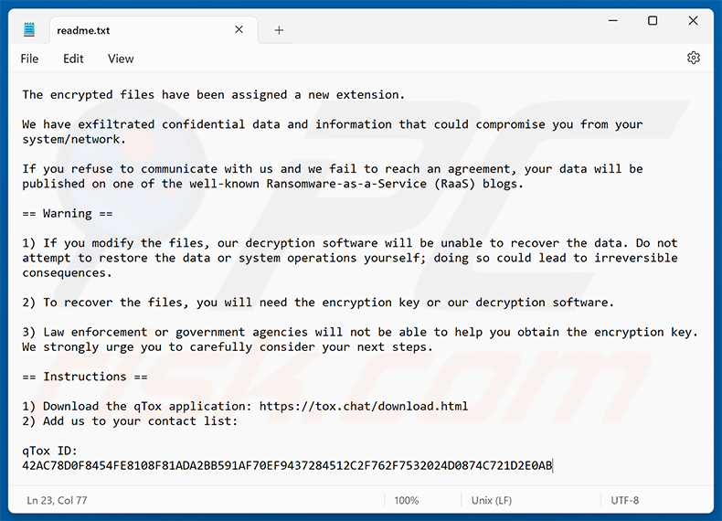 Richiesta di riscatto di qTox Ransomware (readme.txt)