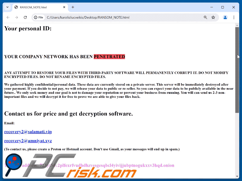 Richiesta di riscatto del ransomware Regulus (RANSOM_NOTE.html)