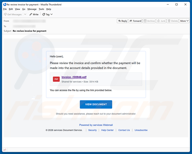Campagna di email spam Review The Invoice And Confirm The Payment