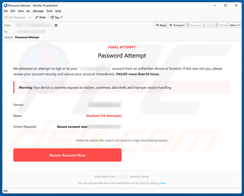 Campagna di email spam Secure Your Account truffa via email