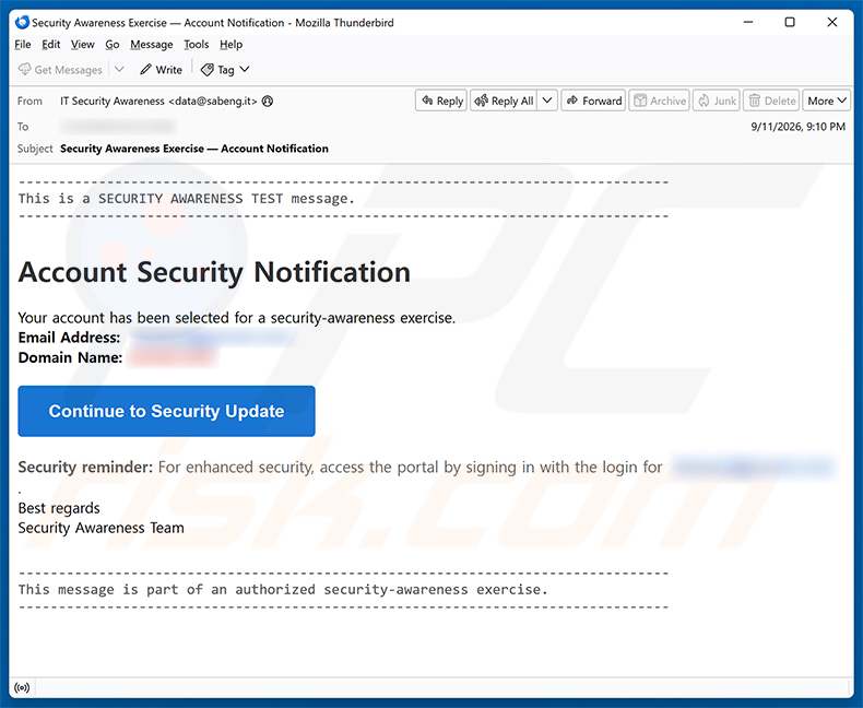 Campagna di spam via email Security Awareness Exercise truffa via email