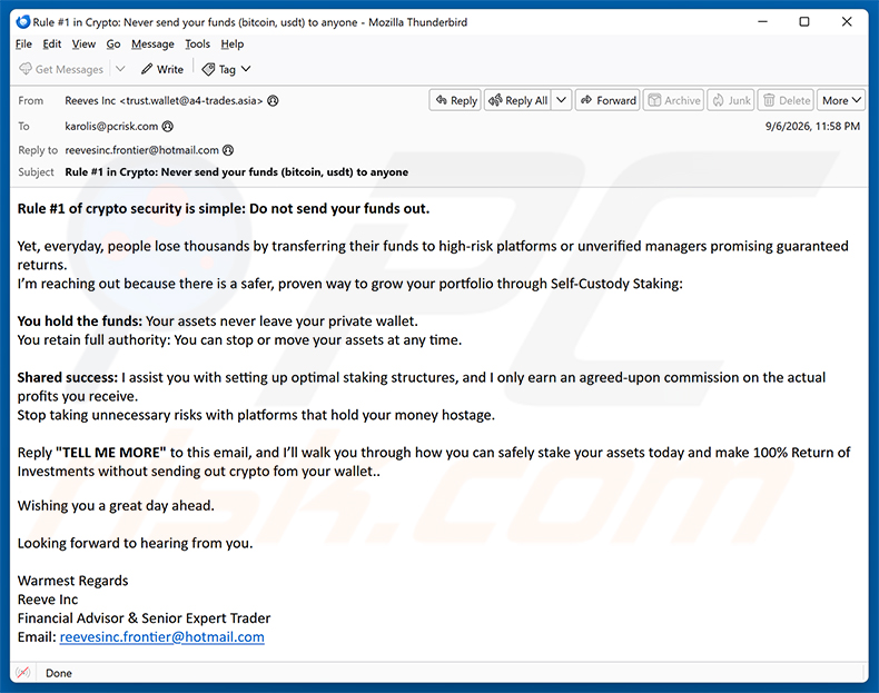 Campagna di spam via email Self-Custody Crypto Staking