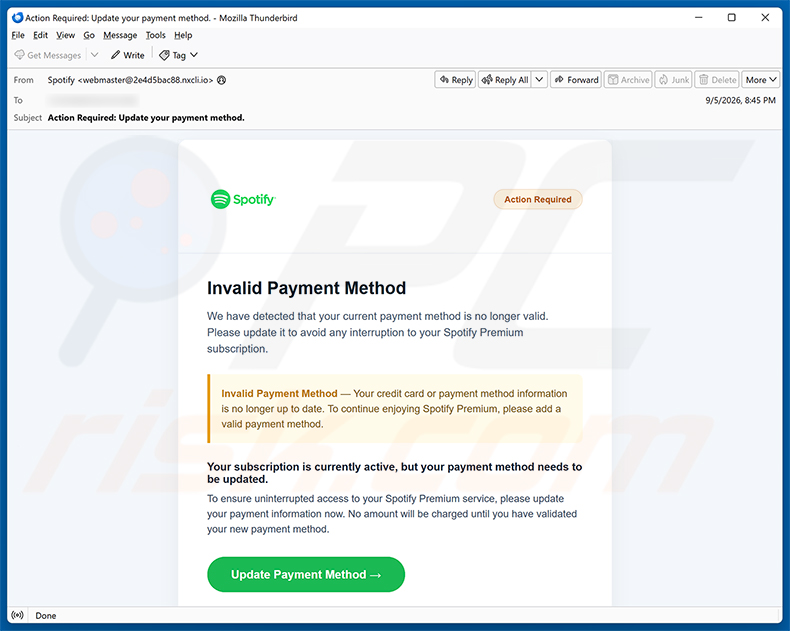 Campagna di spam email Spotify - Invalid Payment Method truffa via email