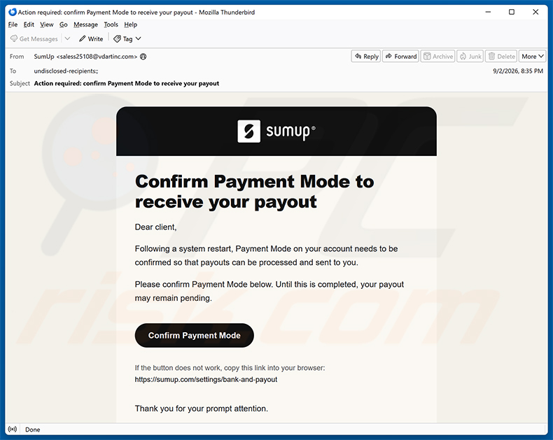 Campagna spam SumUp Payment Mode Confirmation truffa via email