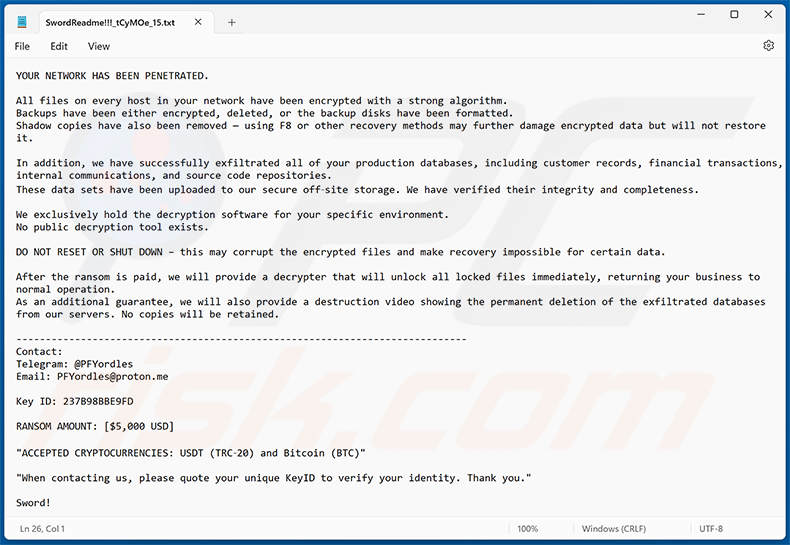 Nota di riscatto del ransomware Sword (SwordReadme!!![random_string].txt)