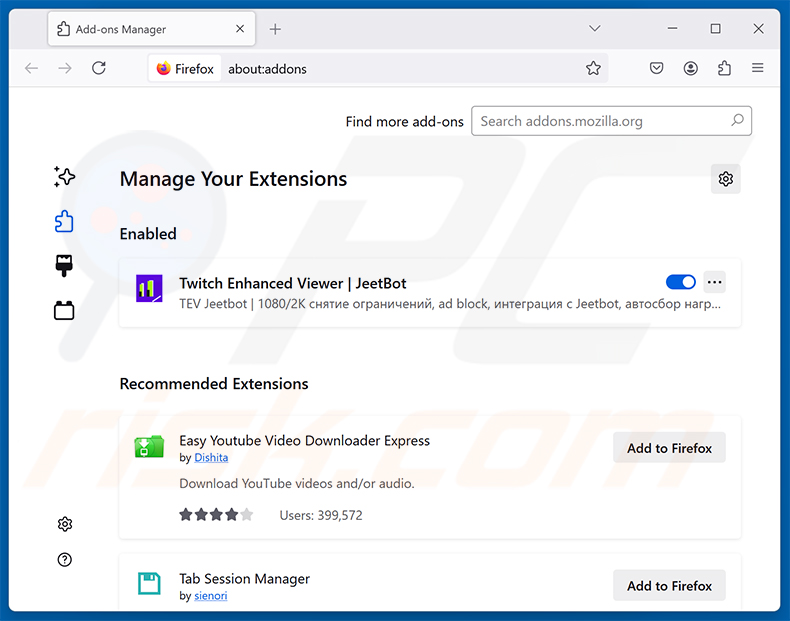 Rimozione dell'estensione dannosa Twitch Enhanced Viewer | JeetBot da Mozilla Firefox passo 2