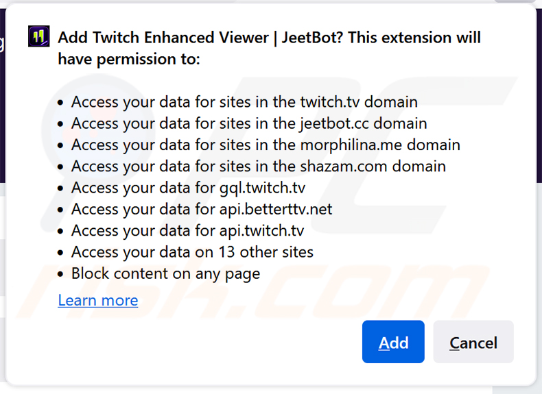 L'estensione dannosa Twitch Enhanced Viewer | JeetBot che richiede autorizzazioni in Firefox