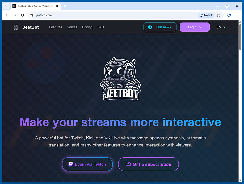 Sito web che promuove l'estensione dannosa Twitch Enhanced Viewer | JeetBot