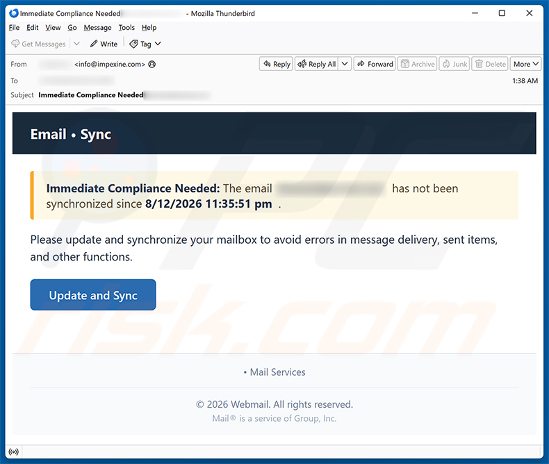 Campagna spam della truffa via email Update And Synchronize Your Mailbox