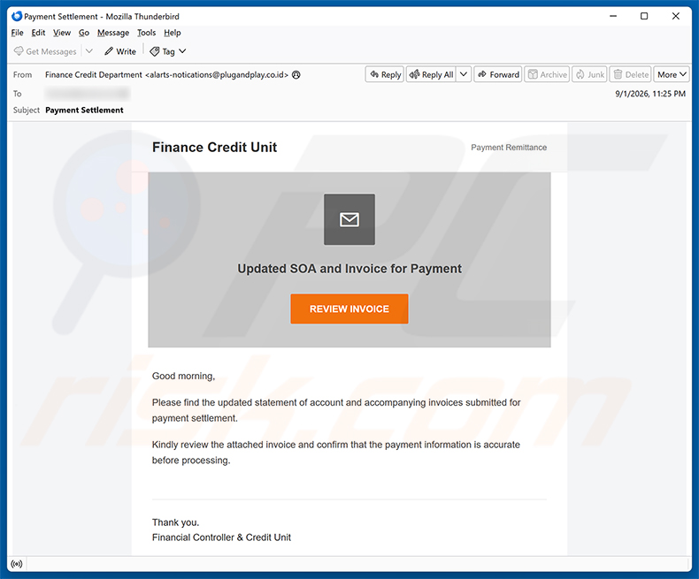 Campagna di spam email Updated SOA And Invoice For Payment