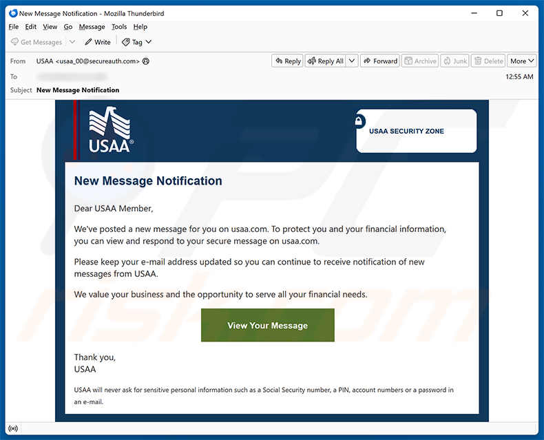 Campagna di spam email USAA - New Message Notification