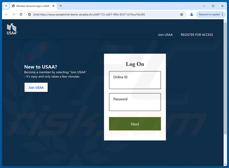 Pagina di phishing USAA - New Message Notification