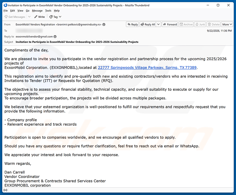 Campagna di spam via email Vendor Registration And Partnership Process