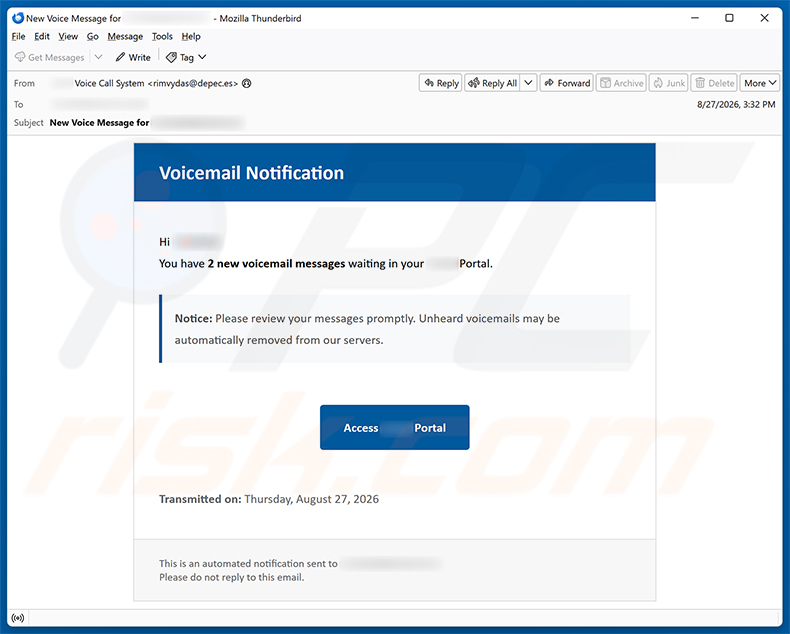 Campagna di email spam Voicemail Notification truffa via email