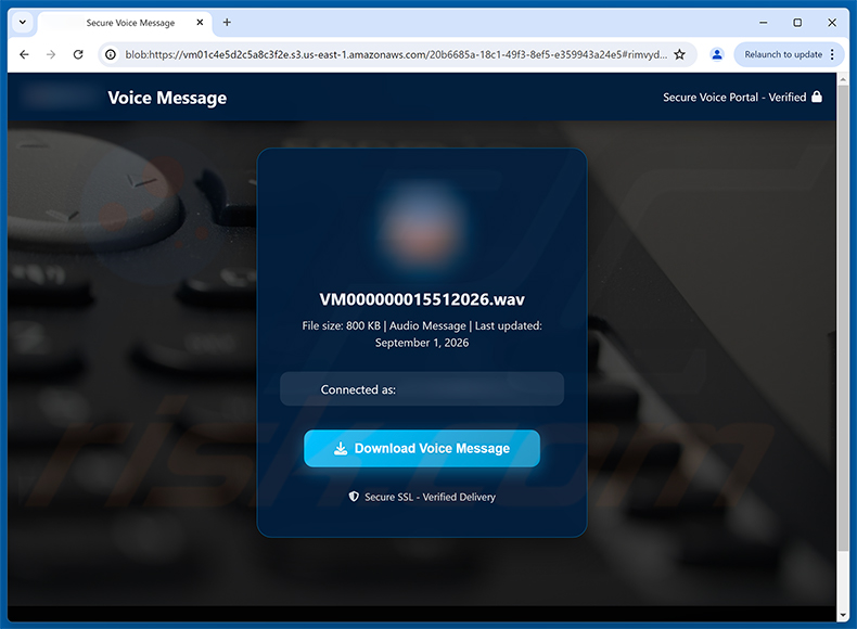 Pagina di phishing Voicemail Notification truffa via email