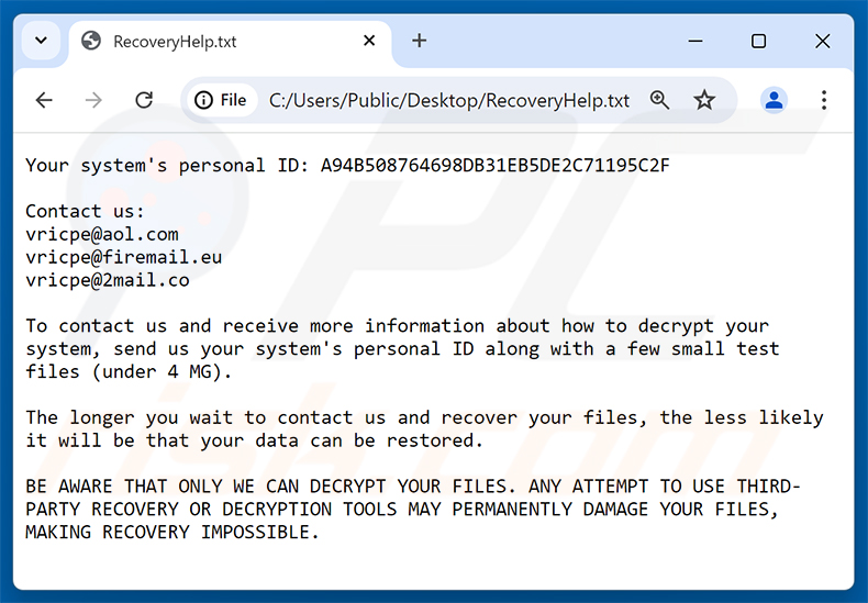 Richiesta di riscatto del ransomware Vricpe (RecoveryHelp.txt)
