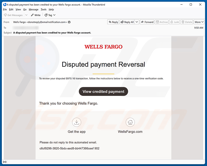 Campagna di spam via email Wells Fargo - Disputed Payment Reversal