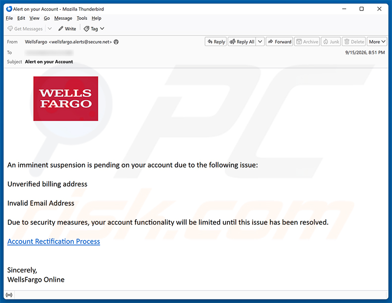 Wells Fargo - Pending Account Suspension truffa via email