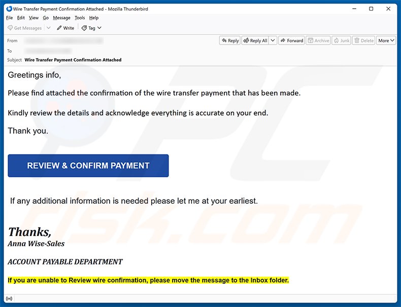 Campagna di spam email della truffa Wire Transfer Payment Confirmation