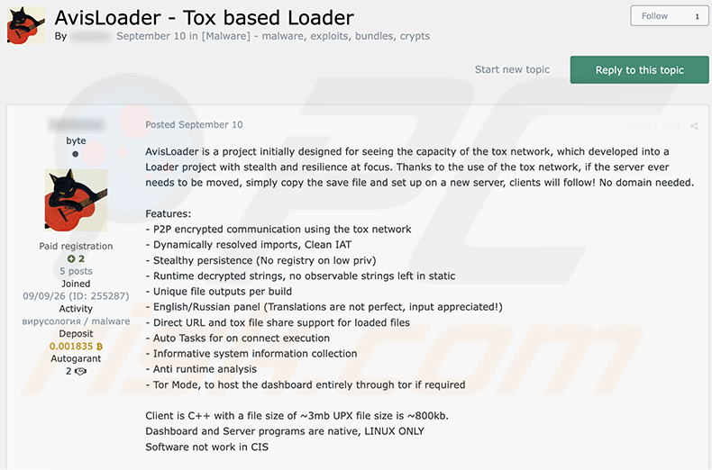 AvisLoader pubblicizzato su un forum di criminalità informatica (fonte varonis-com)