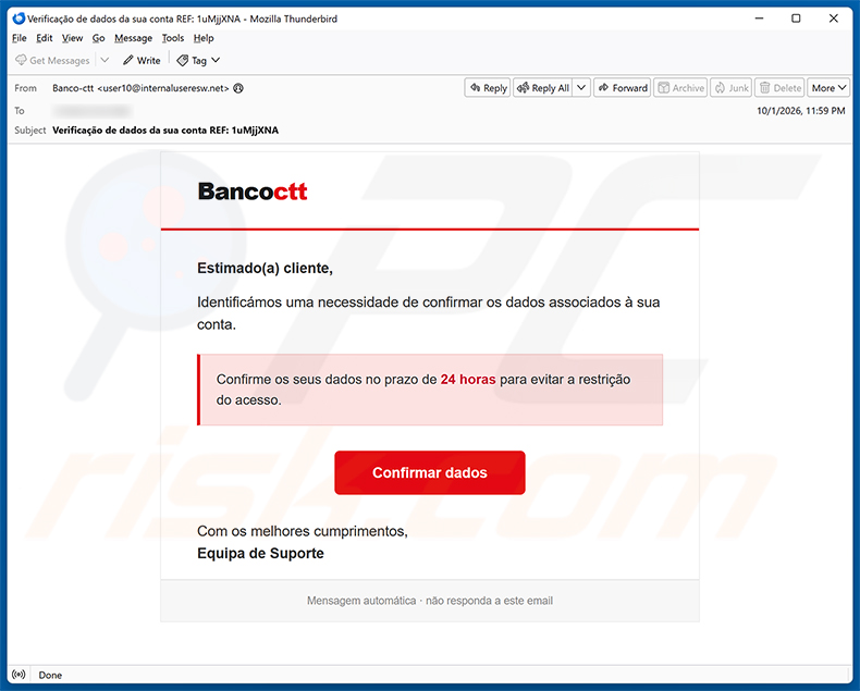 Campagna di spam via email Banco CTT truffa via email