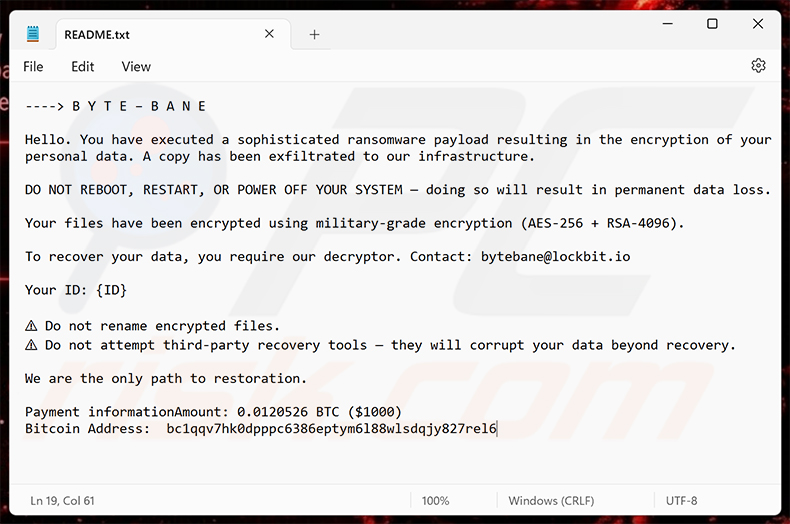 Richiesta di riscatto del ransomware ByteBane (README.txt)