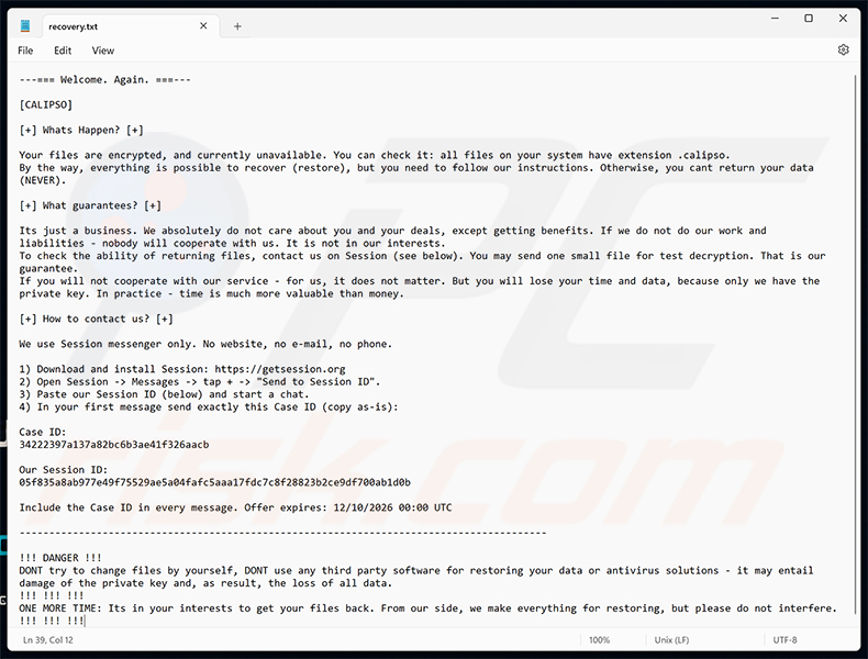 Richiesta di riscatto del ransomware Calipso (recovery.txt)